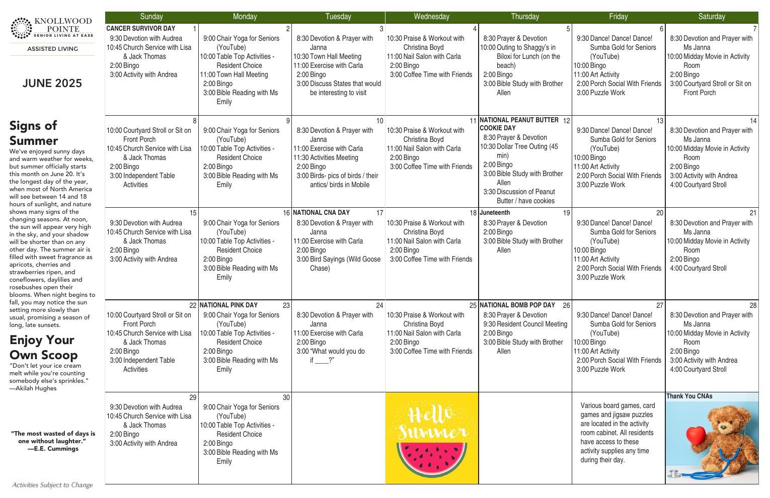 Assisted Living Event Calendar