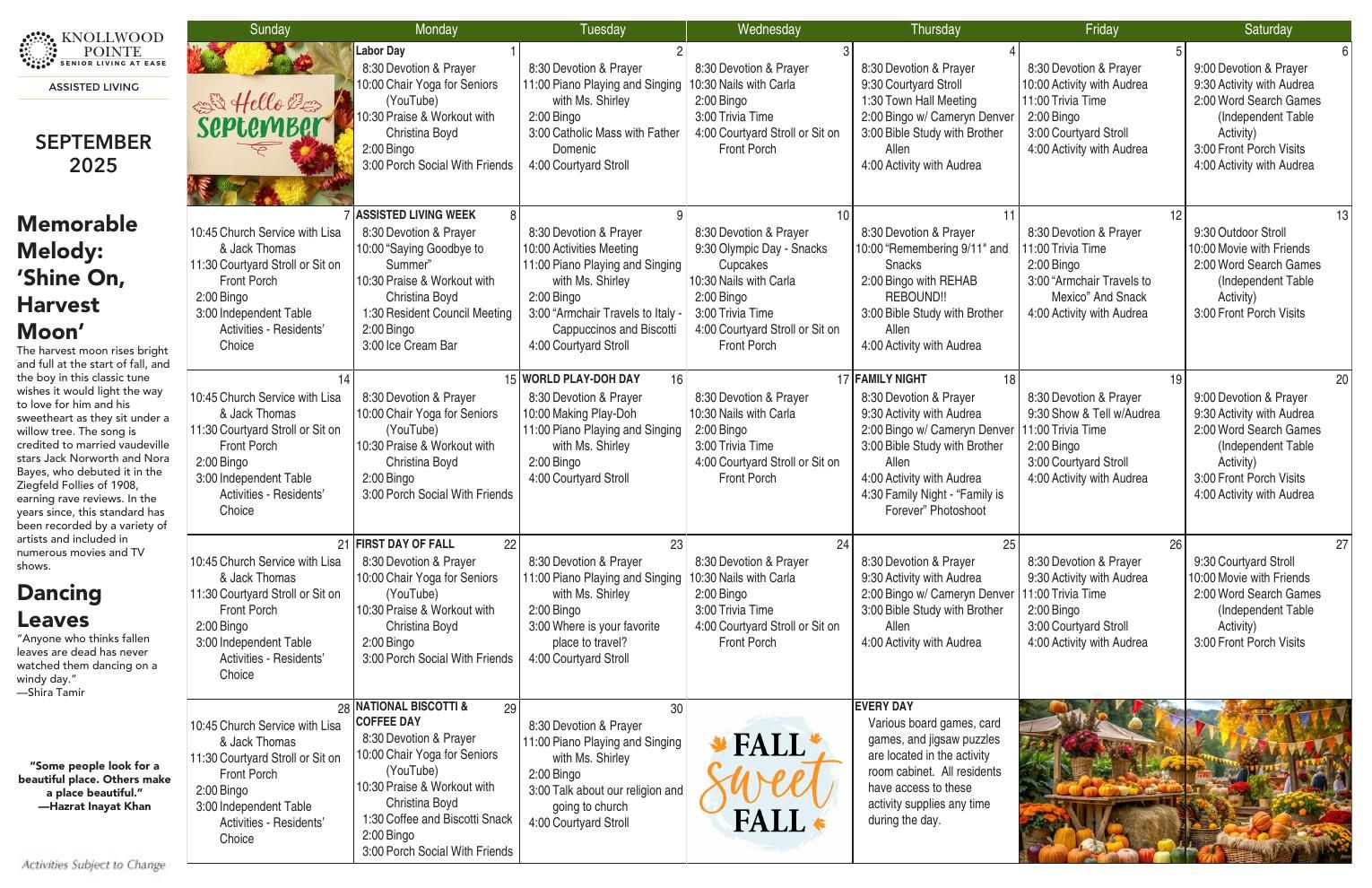 Assisted Living Event Calendar