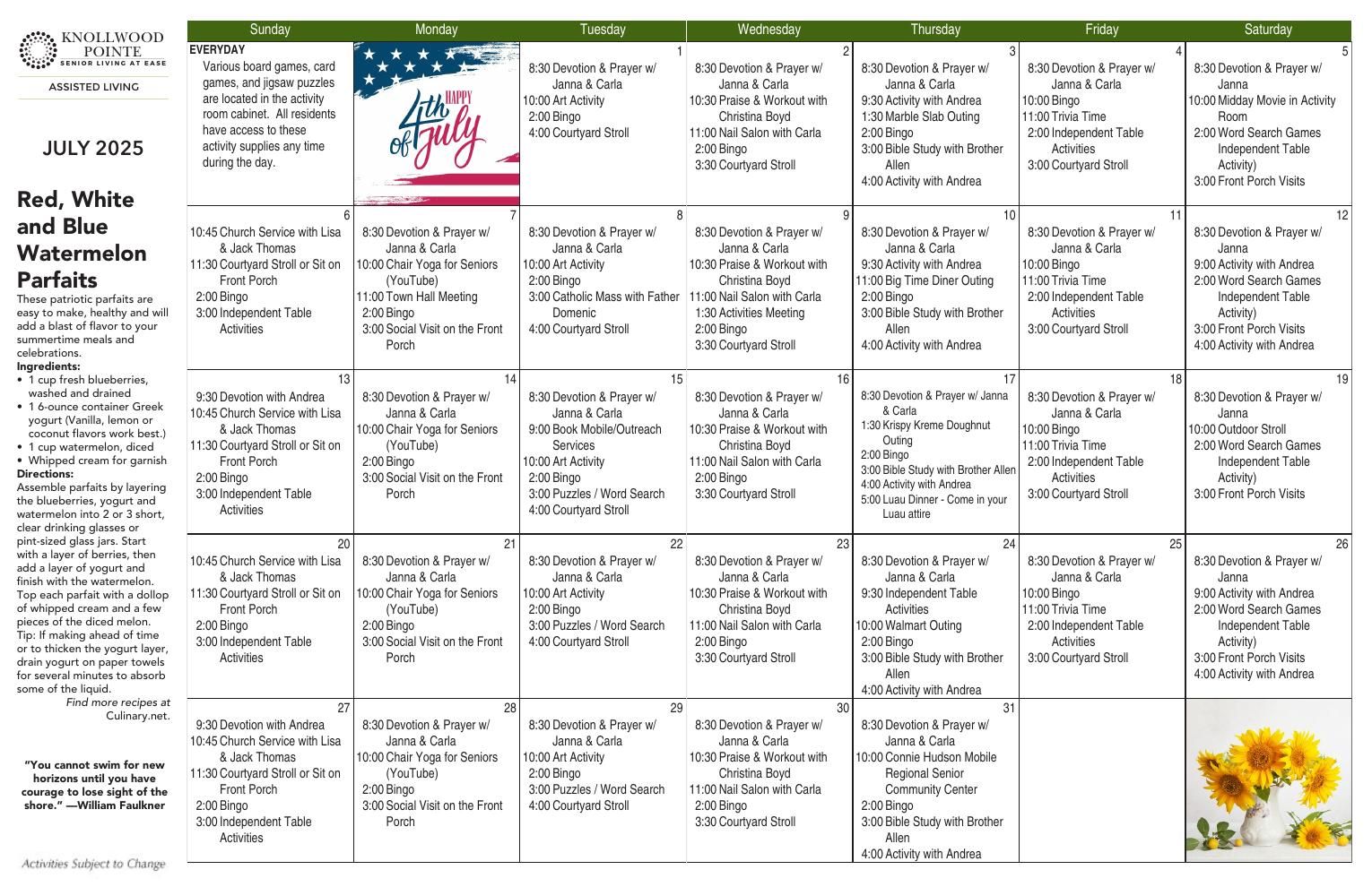 Assisted Living Event Calendar